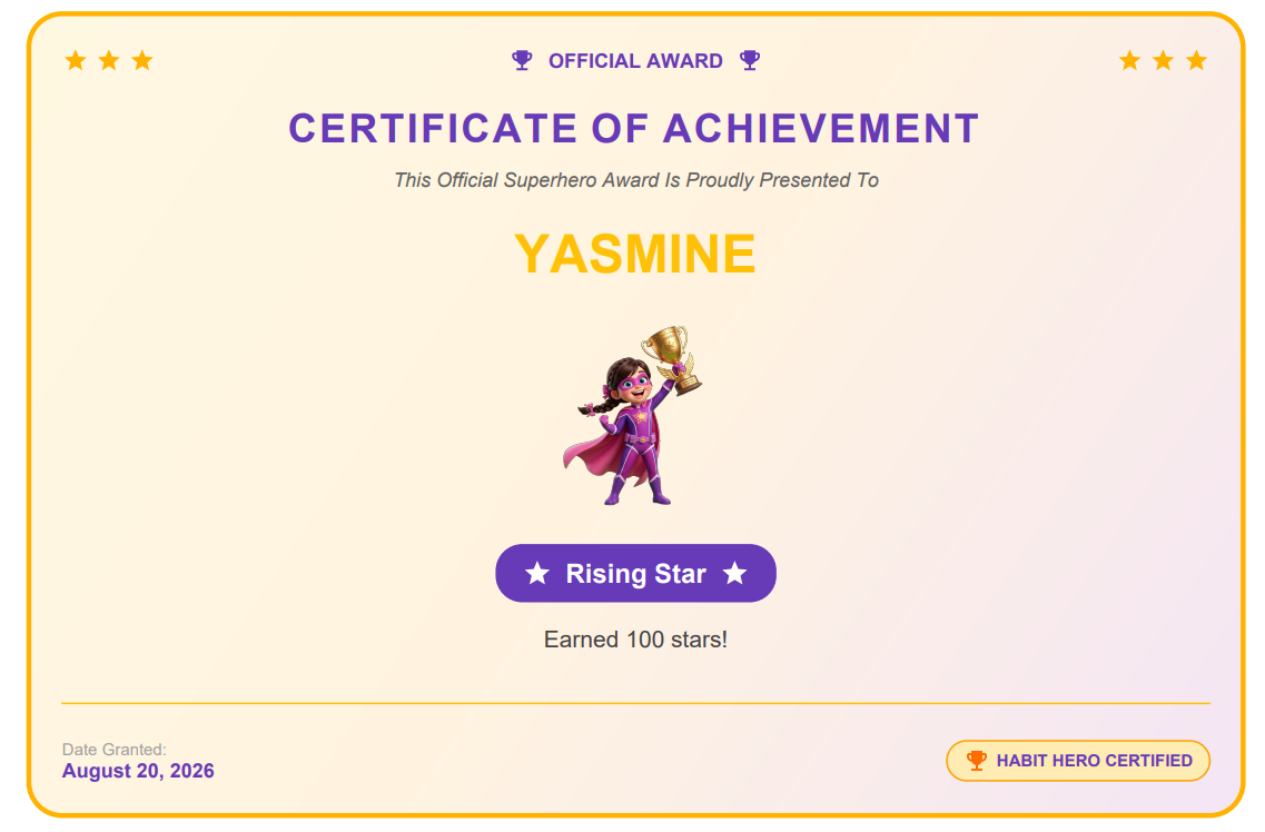 Star Habit Hero Girl Certificate Example