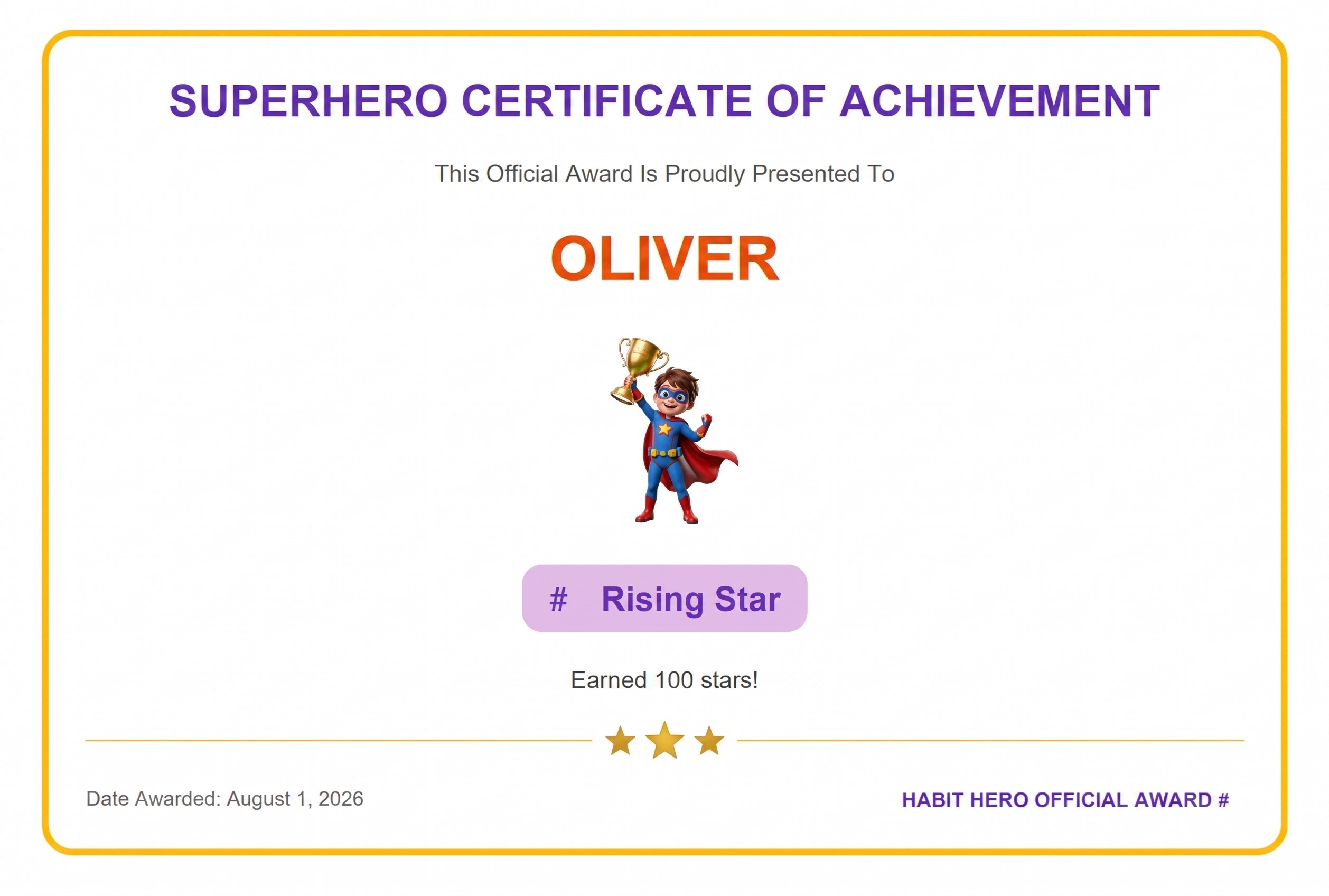 Star Habit Hero Boy Certificate Example