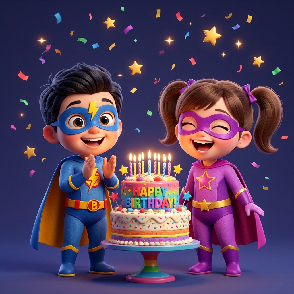 3D Superhero Boy & Girl Birthday Celebration